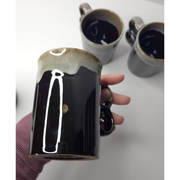Set of 4 Vintage Brown Drip Glaze Trigger Two-Finger Handle Redware Mug Japan - Picture 8 of 13